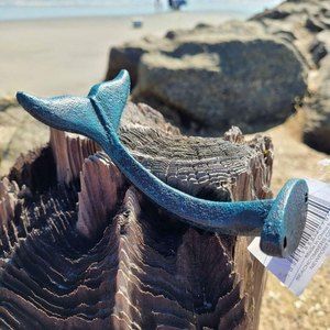 Iron Whale Tail Wall Hook Distressed Blue Coastal Home Decor